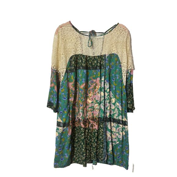 Umgee Womens Crochet Blouse Top Multicolor Large Patchwork Print Boho Tunic NWT - Picture 2 of 7